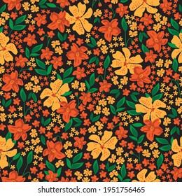 patrón vintage de colores abstractos. fondo negro. flores naranjas grandes y pequeñas. textura vectorial. bello papel brillante para textiles.