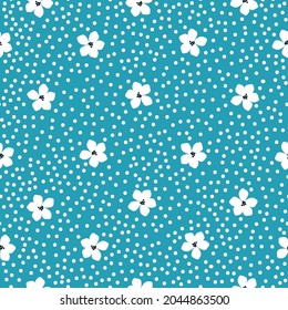 Nahtlose Vintage Muster abstrakt. süße weiße Blumen und Punkte auf blauem Hintergrund. Vektorstruktur. Trenddruck für Textilien, Tapeten und Verpackungen.