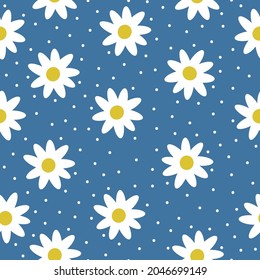 Seamless vintage pattern abstract. cute daisies have white flowers and dots on a blue background. vector texture. trend print for textiles and wallpaper, packaging.