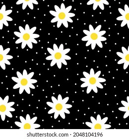 Seamless vintage pattern abstract. cute daisies and white dots on a black background. vector texture. trend print for textiles, wallpaper and packaging.