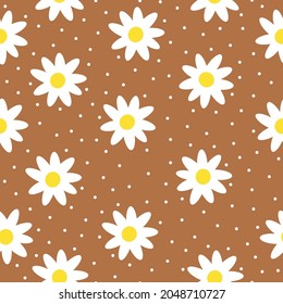 Seamless vintage pattern abstract. cute daisies and white dots on a terracotta background. vector texture. trend print for textiles, wallpaper and packaging.