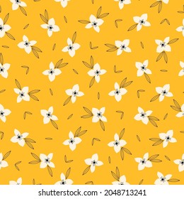 Nahtlose Vintage Muster abstrakt. süße weiße Blumen, schwarze Blätter umreißen auf gelbem Hintergrund. Vektorstruktur. Trenddruck für Textilien, Tapeten und Verpackungen.