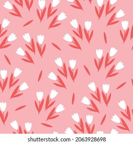 Seamless vintage pattern abstract. cute white tulips and red leaves on a pink background. vector texture. fashionable print for textiles, wallpaper and packaging.