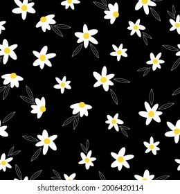 seamless vintage pattern of abstract daisies. black background. white flowers and leaves . vector texture. trend print for textiles and wallpaper.
