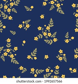 Resumen de patrones vintage sin inconvenientes. fondo azul oscuro. flores amarillas. hojas doradas. impresión de moda para textiles y papel pintado.