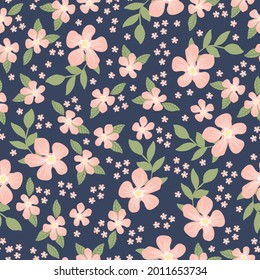 Seamless vintage pattern abstract. dark blue background. light pink flowers, green leaves. vector texture . trend print for textiles and wallpaper.