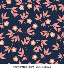 Seamless vintage pattern abstract. dark blue background. pink ornament flowers and leaves. vector texture. trend print for textiles and wallpaper.