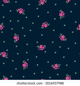 Seamless vintage pattern abstract. dark blue background . small pink flowers. green leaves and dots . vector texture. trend print for textiles.

