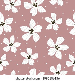 Seamless vintage pattern abstract. dirty pink background. white flowers. white dots. vector texture. trend print for textiles and wallpaper.