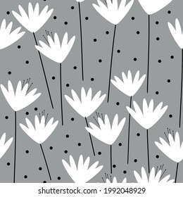 
Seamless vintage pattern abstract. gray background. white flowers. black dots. vector texture. fashionable print for textiles and wallpaper.