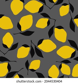 Seamless vintage pattern. abstract lemons,black leaves on a gray background. vector texture. trend print for textiles and wallpaper.