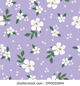 seamless vintage pattern abstract. light lilac background. large and small white flowers. green leaves. vector texture. trend print for textiles and wallpaper.
