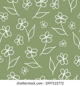 Seamless vintage pattern abstract. light green background. white outline of flowers and leaves . vector texture. fashion print for textiles and wallpaper.