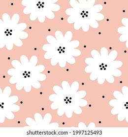Seamless vintage pattern abstract. light pink background. large white flowers . black dots. vector texture. fashionable print for textiles and wallpaper.