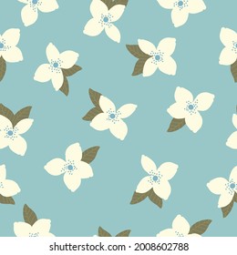 Seamless vintage pattern abstract. light blue background. white flowers. golden leaves. vector texture. trend print for textiles and wallpaper.