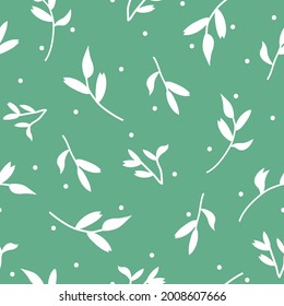 Seamless vintage pattern abstract. light green background. white plants leaves. points. vector texture. trend print for textiles and wallpaper.