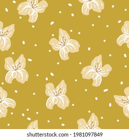 seamless vintage pattern abstract. mustard background. white dots. white flowers. vector texture . fashionable print for textiles and wallpaper.