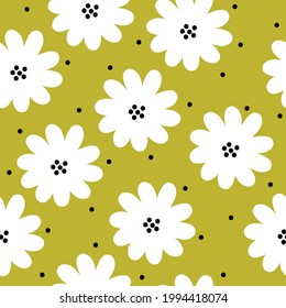 Seamless vintage pattern abstract. mustard background. large white flowers . black dots . vector texture. trend print for textiles and wallpaper.
