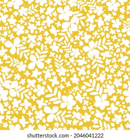 Seamless vintage pattern abstract. an ornament of white flowers and leaves on a yellow background. vector texture. trend print for textiles, wallpaper and packaging.