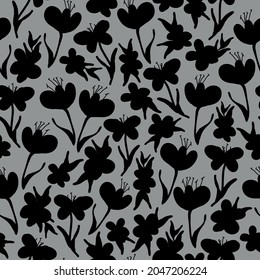 Seamless vintage pattern abstract. an ornament of black flowers and leaves on a gray background. vector texture. trend print for textiles, wallpaper and packaging.