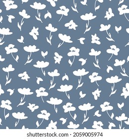 Seamless vintage pattern abstract. The ornament is white flowers and leaves on a dark blue-gray background. vector texture. fashionable print for textiles, wallpaper and packaging.