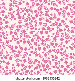 Seamless vintage pattern abstract. pink ornament. white background. small fuchsia flowers and leaves. vector texture. trend print for textiles and wallpaper.