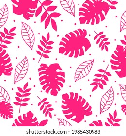 Seamless vintage pattern abstract . pink dots. white background. pink plants, leaves. vector texture. trend print for textiles and wallpaper.
