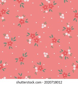 Seamless vintage pattern abstract. red and white flowers and dots on a pink background. vector texture . trend print for textiles .