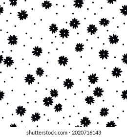 Resumen de patrones vintage sin inconvenientes. flores negras pequeñas 
 y puntos sobre un fondo blanco. textura vectorial. impresión de tendencia para textiles.
