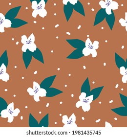 Resumen de patrones vintage sin inconvenientes. fondo terracota. flores blancas. puntos blancos. textura vectorial. impresión de moda para textiles y papel pintado.