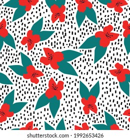Seamless vintage pattern abstract. white background. black dots. red flowers. green leaves. fashionable print for textiles and wallpaper.
