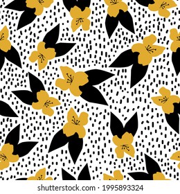 Resumen de patrones vintage sin inconvenientes. fondo blanco. puntos negros. flores amarillas. hojas negras. textura vectorial. impresión de tendencia para textiles y papel pintado.