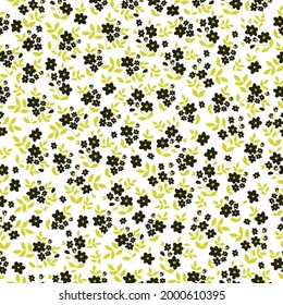 Seamless vintage pattern abstract. white background. the ornament is small black flowers, yellow leaves . vector texture. trend print for textiles and wallpaper.