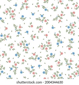 Seamless vintage pattern abstract. white background. small pink and blue flowers. green leaves. vector texture. trend print for textiles and wallpaper.