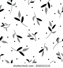 Seamless vintage pattern abstract. white background. gray plants have leaves. black dots. vector texture. trend print for textiles and wallpaper.
