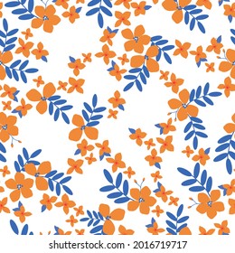 Seamless vintage pattern abstract. white background . orange flowers. blue leaves . vector texture. trend print for textiles.