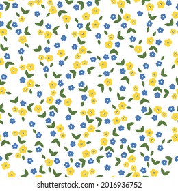 Seamless vintage pattern abstract. white background . small yellow and blue flowers. green leaves . vector texture. trend print for textiles.
