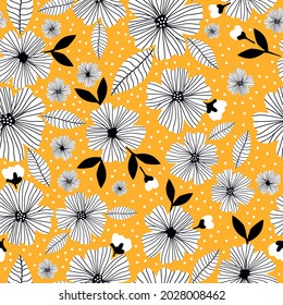 Seamless vintage pattern. abstract white flowers, black leaves on a yellow background. vector texture. trend print for textiles and wallpaper.
