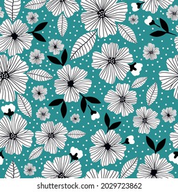 Nahtlose Vintage-Muster. abstrakte weiße Blumen, schwarze Blätter auf blauem Hintergrund. Vektorstruktur. eine Trendvorlage für modische Drucke.