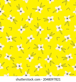 Resumen de patrones vintage sin inconvenientes. flores blancas, contorno negro de las hojas. fondo amarillo brillante. textura vectorial. impresión de tendencia para textiles, papel pintado.