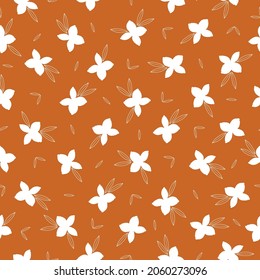 Nahtlose Vintage Muster abstrakt. weiße Blumen und Konturblätter. Terrakotta-Hintergrund. Vektorstruktur . modischer Druck für Textilien, Tapeten und Verpackungen.