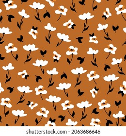 Seamless vintage pattern. abstract white flowers and black leaves on a terracotta background. vector texture. trendy print for textiles, wallpaper and packaging.