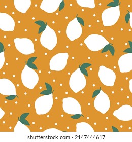 Seamless vintage pattern. abstract white lemons and dots. Yellow background. vector texture. a trendy print for textiles and wallpaper.
