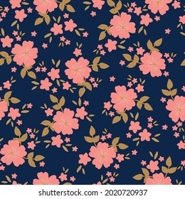 Seamless vintage pattern abstract. wonderful pink flowers, golden leaves on a dark blue background. vector texture . trend print for textiles .

