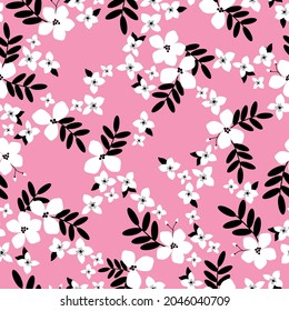 Seamless vintage pattern abstract. wonderful white flowers ,black leaves on a pink background. vector texture. trend print for textiles, wallpaper and packaging.