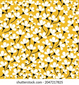 Seamless vintage pattern abstract. wonderful white flowers on a yellow background. vector texture. trend print for textiles, wallpaper and packaging.