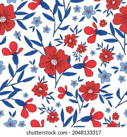 Seamless vintage pattern abstract. Wonderful red and blue flowers on a white background. vector texture. a bright trend print for textiles, wallpaper and packaging.