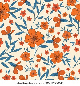 Seamless vintage pattern abstract. wonderful orange flowers and blue leaves on a light background. vector texture. trend print for textiles, wallpaper and packaging.