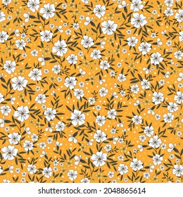 Nahtlose Vintage Muster abstrakt. wunderschöne weiße und gelbe Blumen, Punkte, grüne Blätter auf
ein gelber Hintergrund. Vektorstruktur. Trenddruck für Textilien, Tapeten und Verpackungen.
