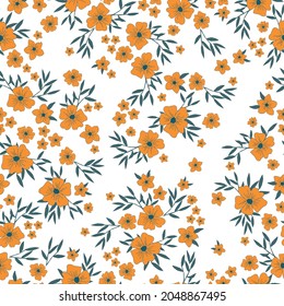 
Seamless vintage pattern abstract. wonderful orange flowers , dark green leaves on the 
 on a white background. vector texture. trend print for textiles, wallpaper and packaging.